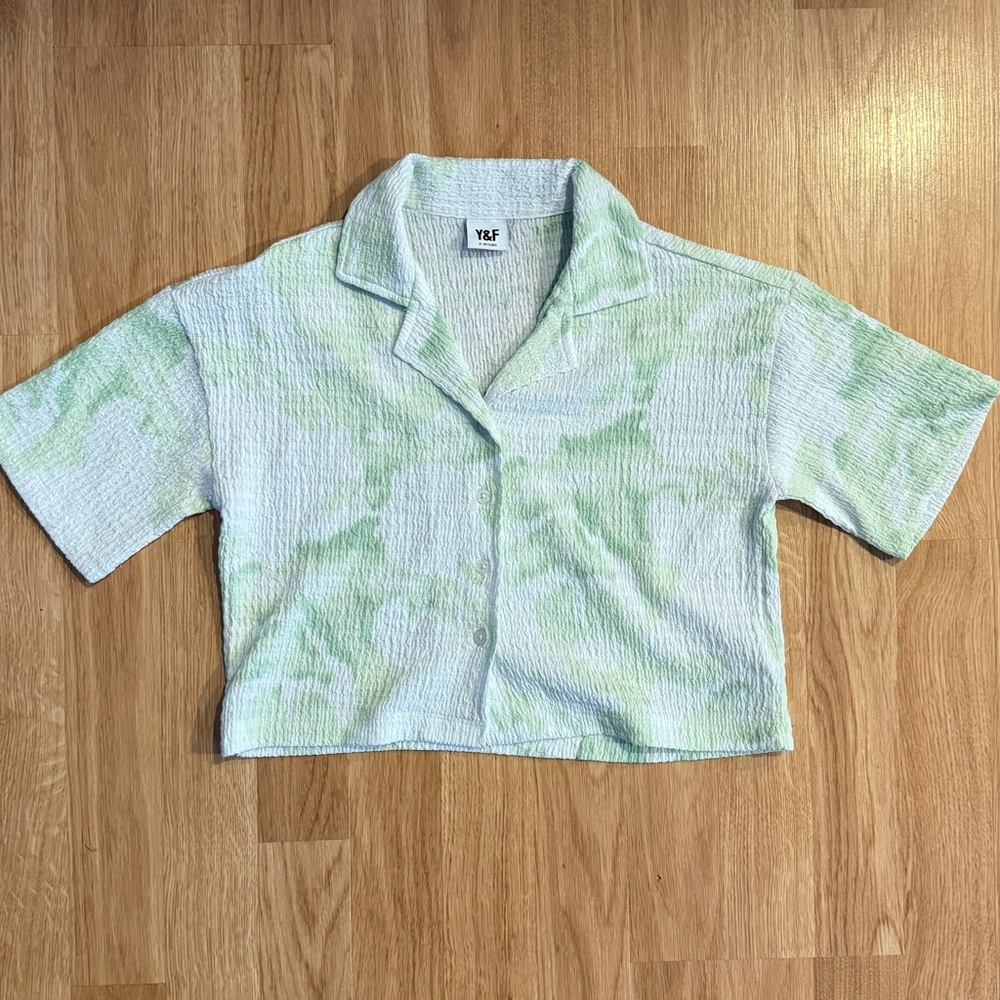 Y2K Y&F Girls Green and White Cropped Button Up Shirt - 9-10yrs - EUC